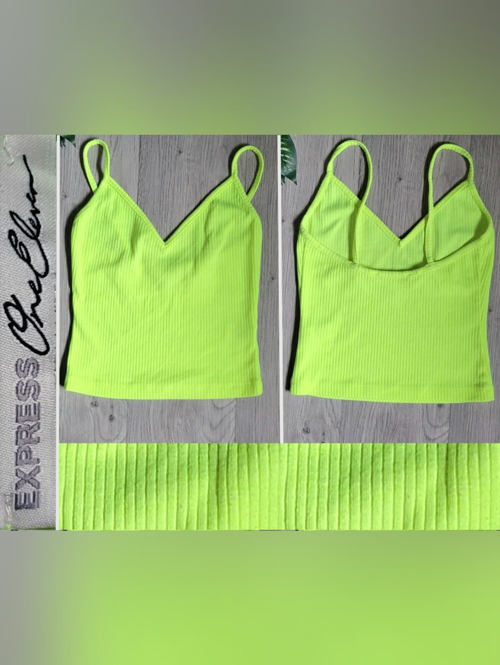 Express One Eleven Neon Yellow Ribbed V-Neck Scoop Back Camisole Crop Top, Small